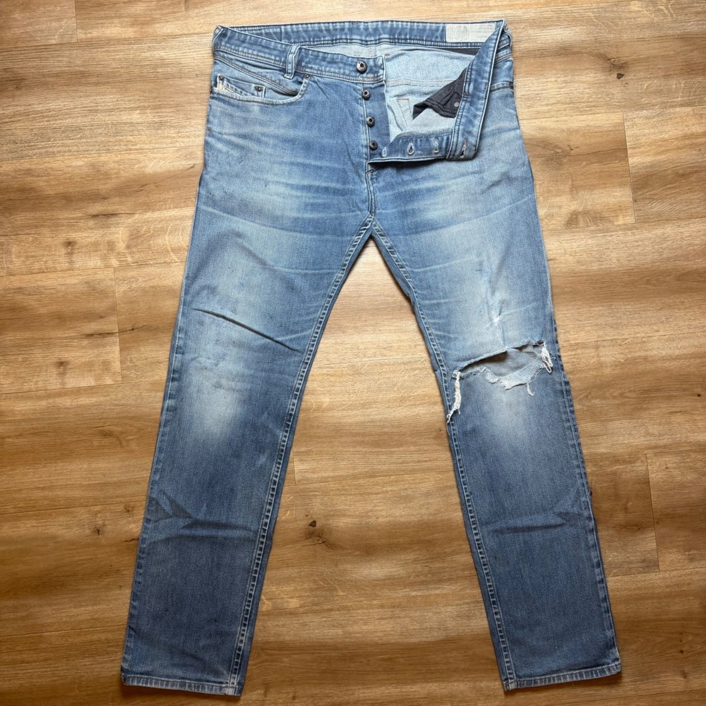 Diesel Iakop Jeans Men 34x32 Blue Slim Tapered Stretch Distressed Denim RH248